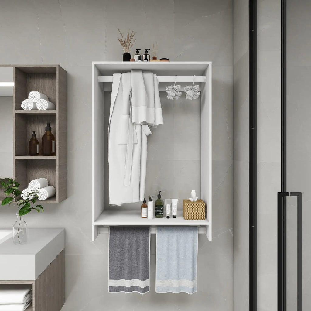 Modern DIY closet organizer with hanging rods holding robes and towels in a bathroom setting