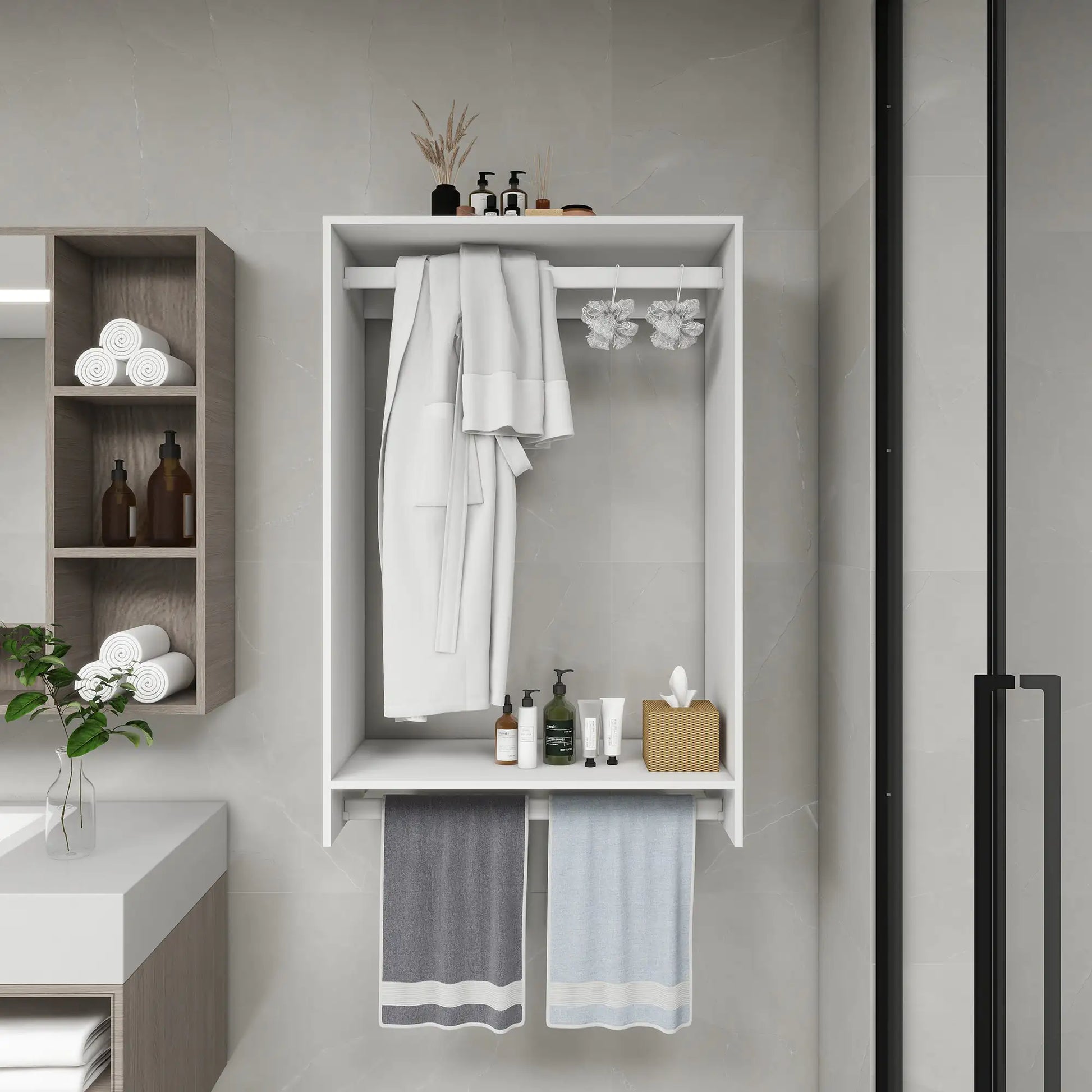 Modern DIY closet organizer with hanging rods holding robes and towels in a bathroom setting