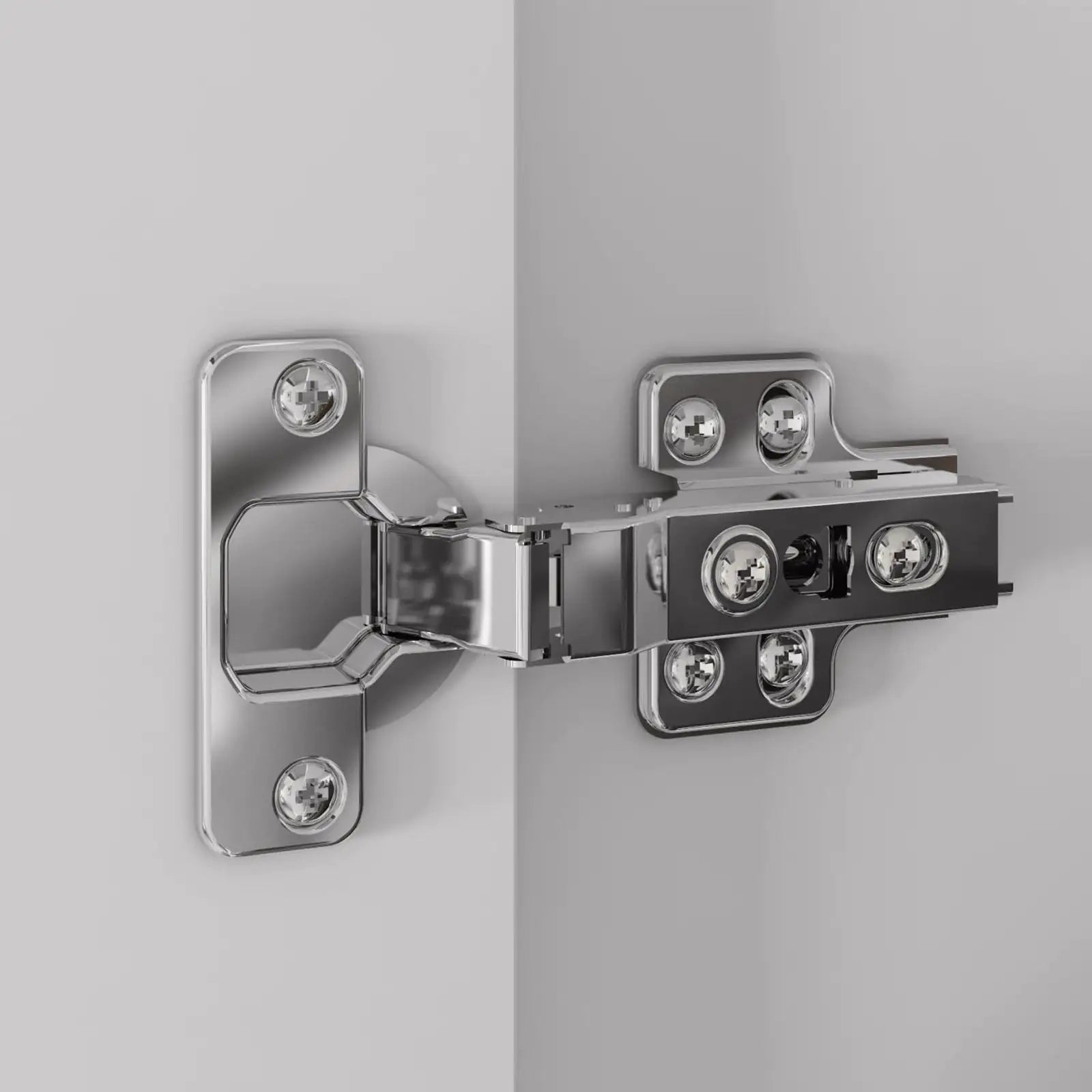 Close-up of a metal hinge used in a DIY closet organizer with hanging rods for smooth door operation