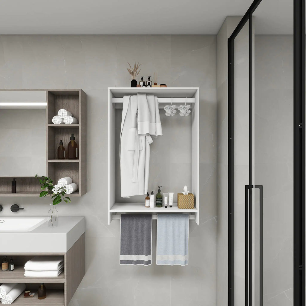 Modern bathroom featuring a DIY closet organizer with hanging rods holding towels and bathrobes