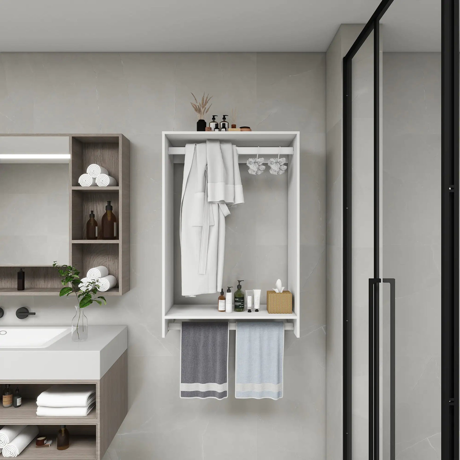 Modern bathroom featuring a DIY closet organizer with hanging rods holding towels and bathrobes