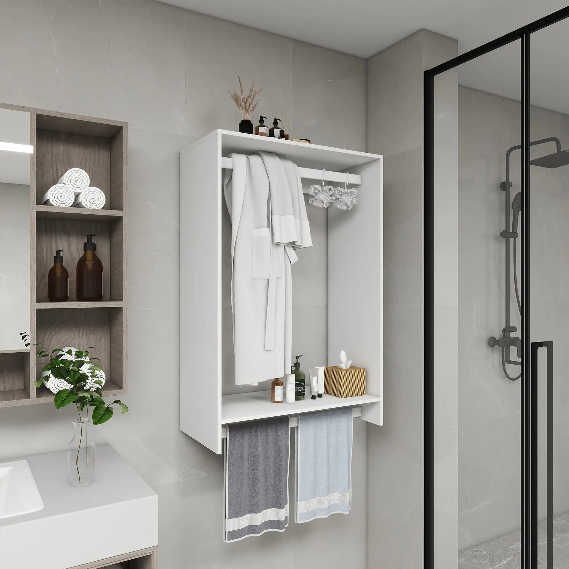 DIY closet organizer with hanging rods mounted in bathroom holding towels robes and toiletries