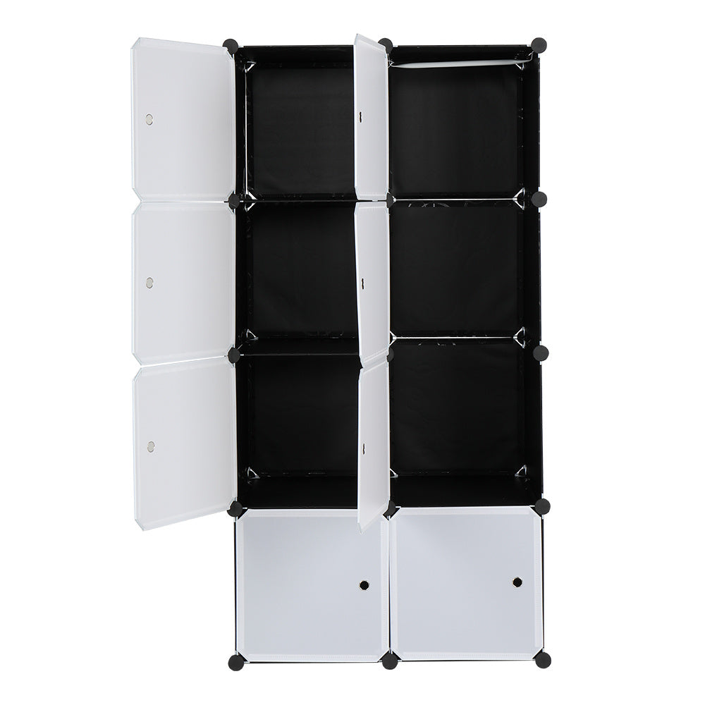 Shopi Vella DIY modular wardrobe organizer with black fabric compartments and white doors for clothing storage
