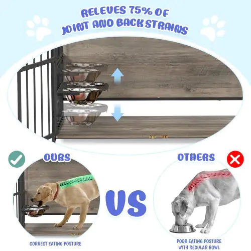 Adjustable dog crate furniture with feeding station showing correct eating posture and relieving joint strain