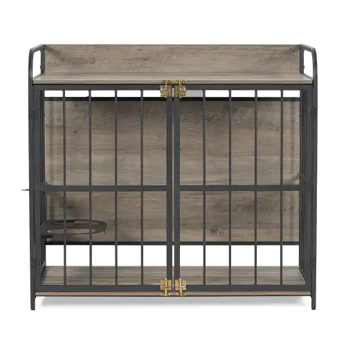 Modern dog crate furniture with feeding station featuring metal bars and wood finish for pet comfort