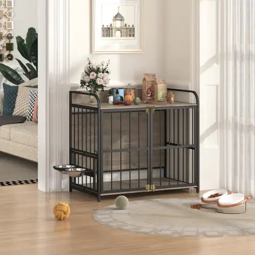 Black metal dog crate furniture with feeding station featuring storage on top and dual feeding bowls