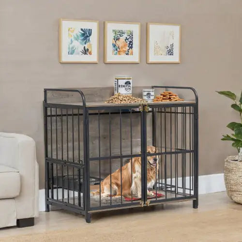 Modern black metal dog crate furniture with feeding station featuring a golden retriever inside