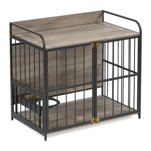 Metal and wood dog crate furniture with feeding station featuring locked double doors and raised top surface