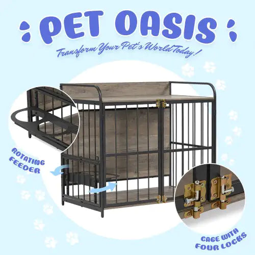Pet Oasis dog crate furniture with feeding station featuring rotating feeder and cage with four locks