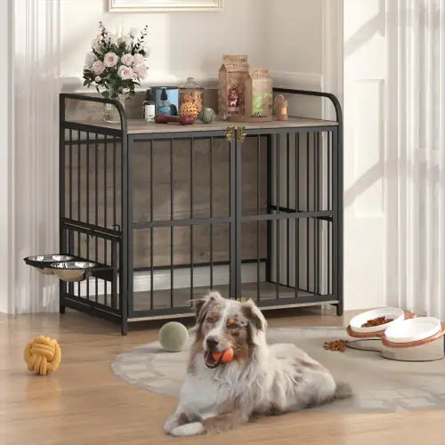 Black metal dog crate furniture with feeding station and storage shelf on top in a bright room