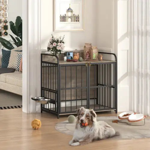 Black metal dog crate furniture with feeding station featuring storage top and pet bowls