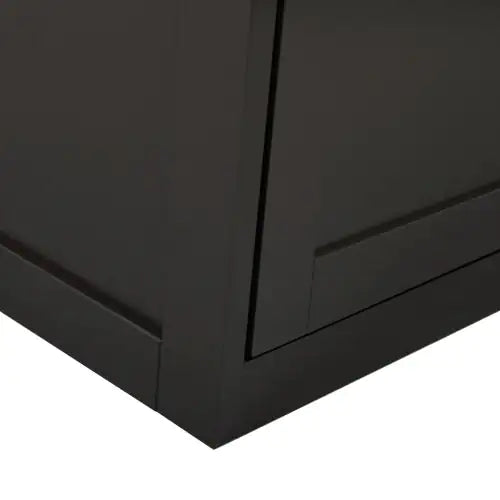 Close-up of black wooden dog kennel end table corner with sleek panel design