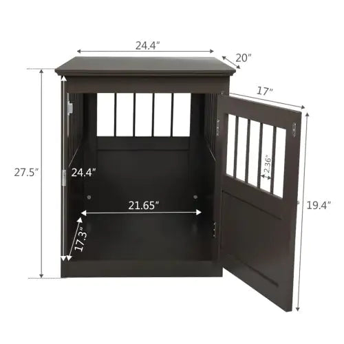 Black wooden dog kennel end table with open door and detailed dimensions