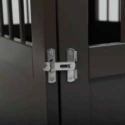 Close-up of metal latch lock on black dog kennel end table door for secure pet containment