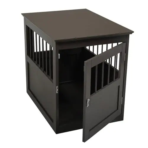 Black wooden dog kennel end table with open door and vertical slats for pet housing and furniture