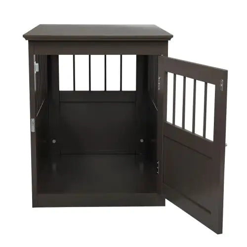 Dark brown wooden dog kennel end table with open door and vertical slats for pet comfort
