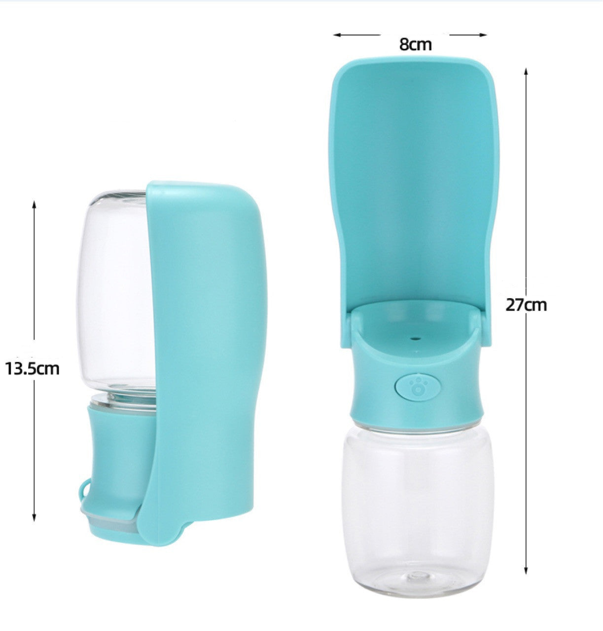 Light blue dog portable water bottle with foldable trough and clear water container shown with dimensions