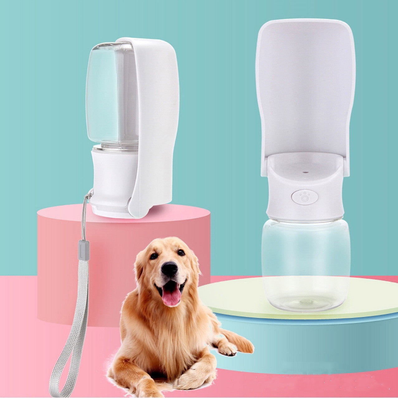 White dog portable water bottle with leash attachment shown with a golden retriever on pastel backgrounds