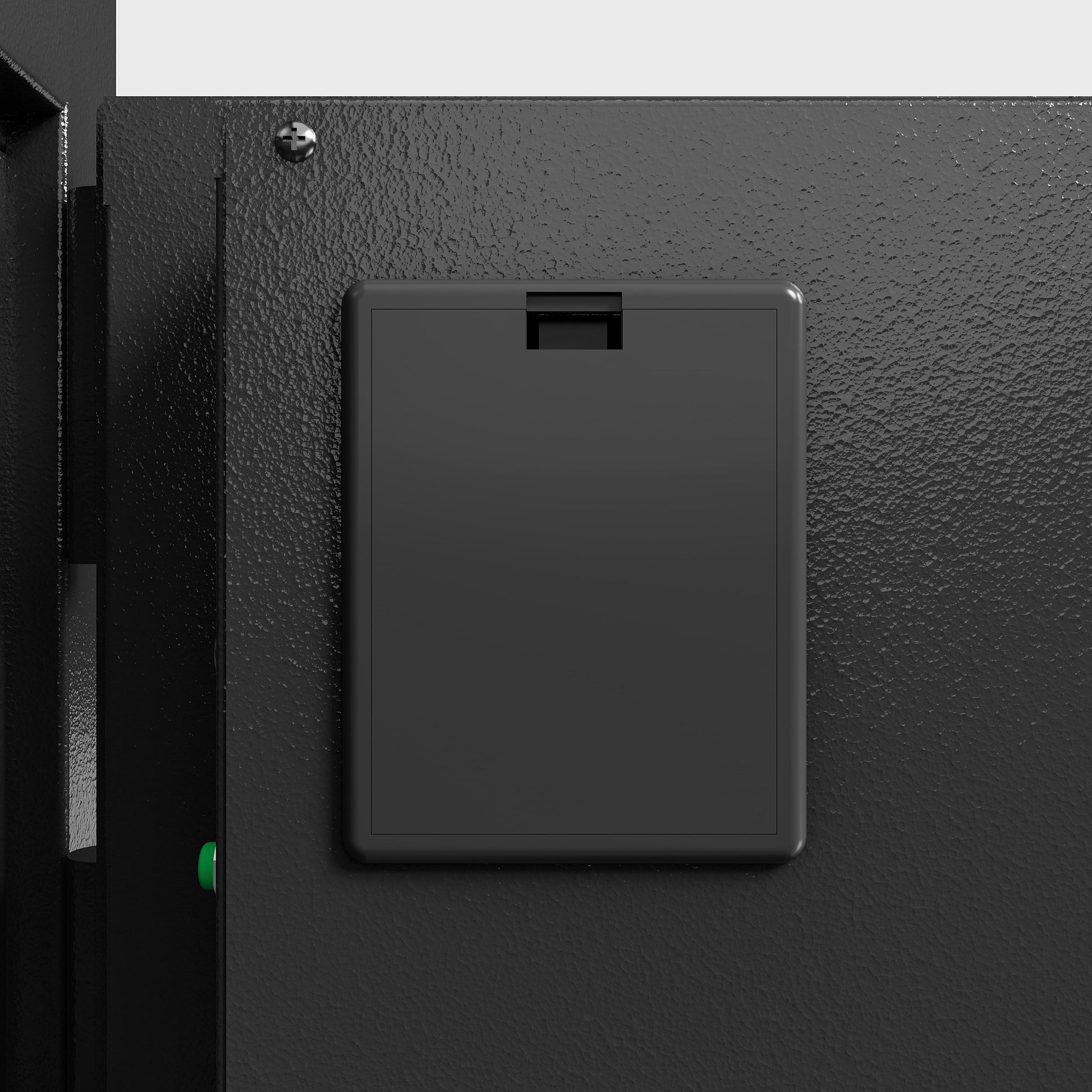 Close-up view of the black double door digital depository safe door with textured surface