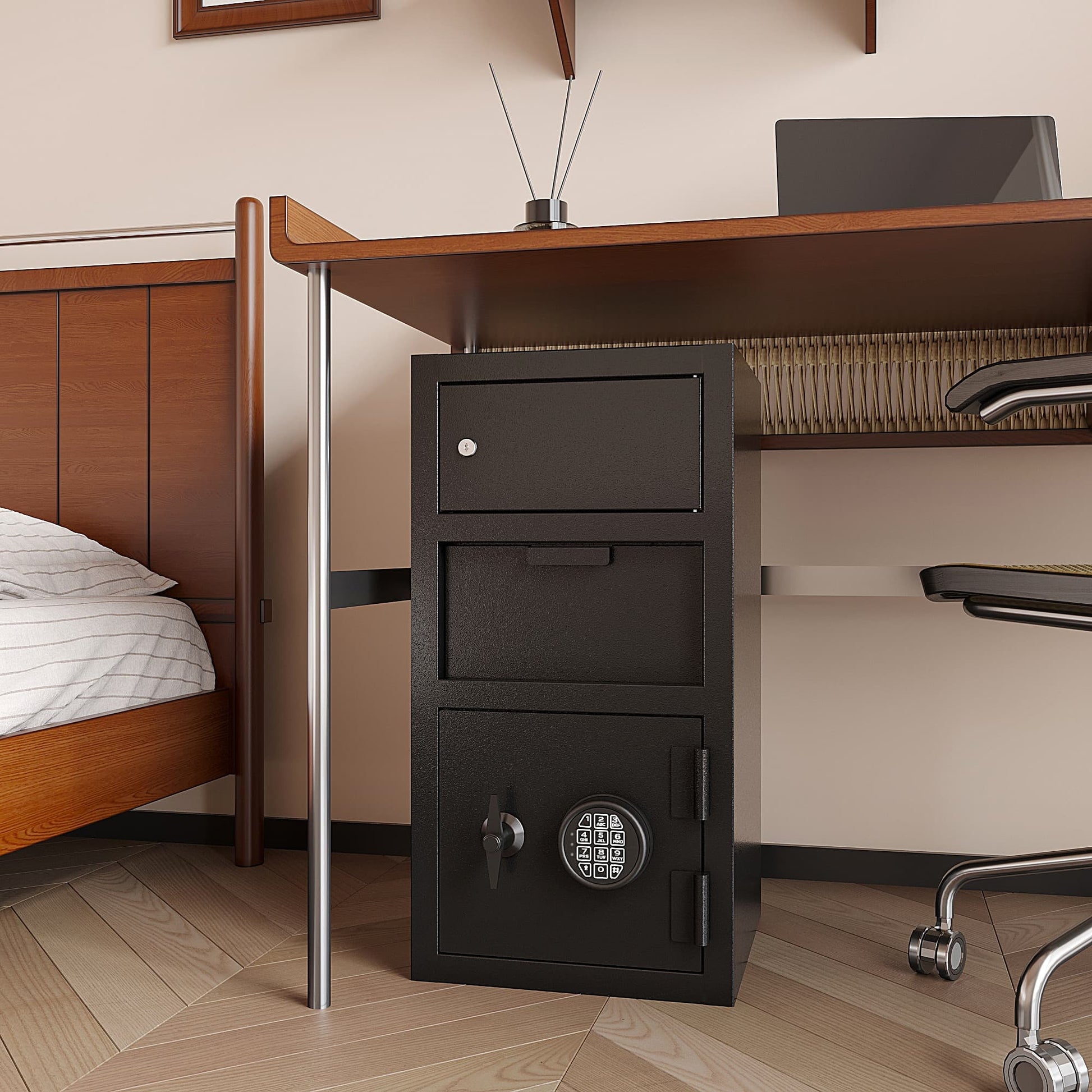 Shopi Vella black double door digital depository safe placed under wooden desk in bedroom