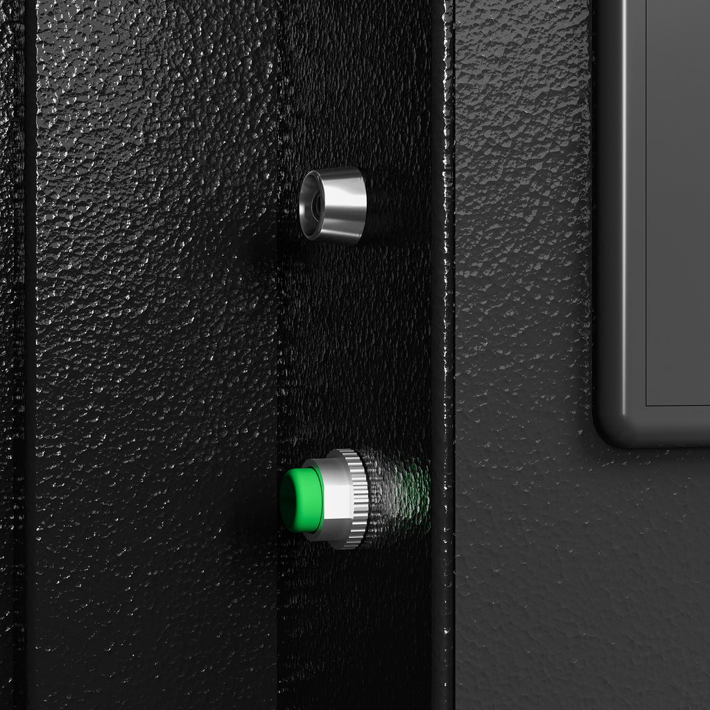 Close-up of the lock mechanism detail on a double door digital depository safe by Shopi Vella