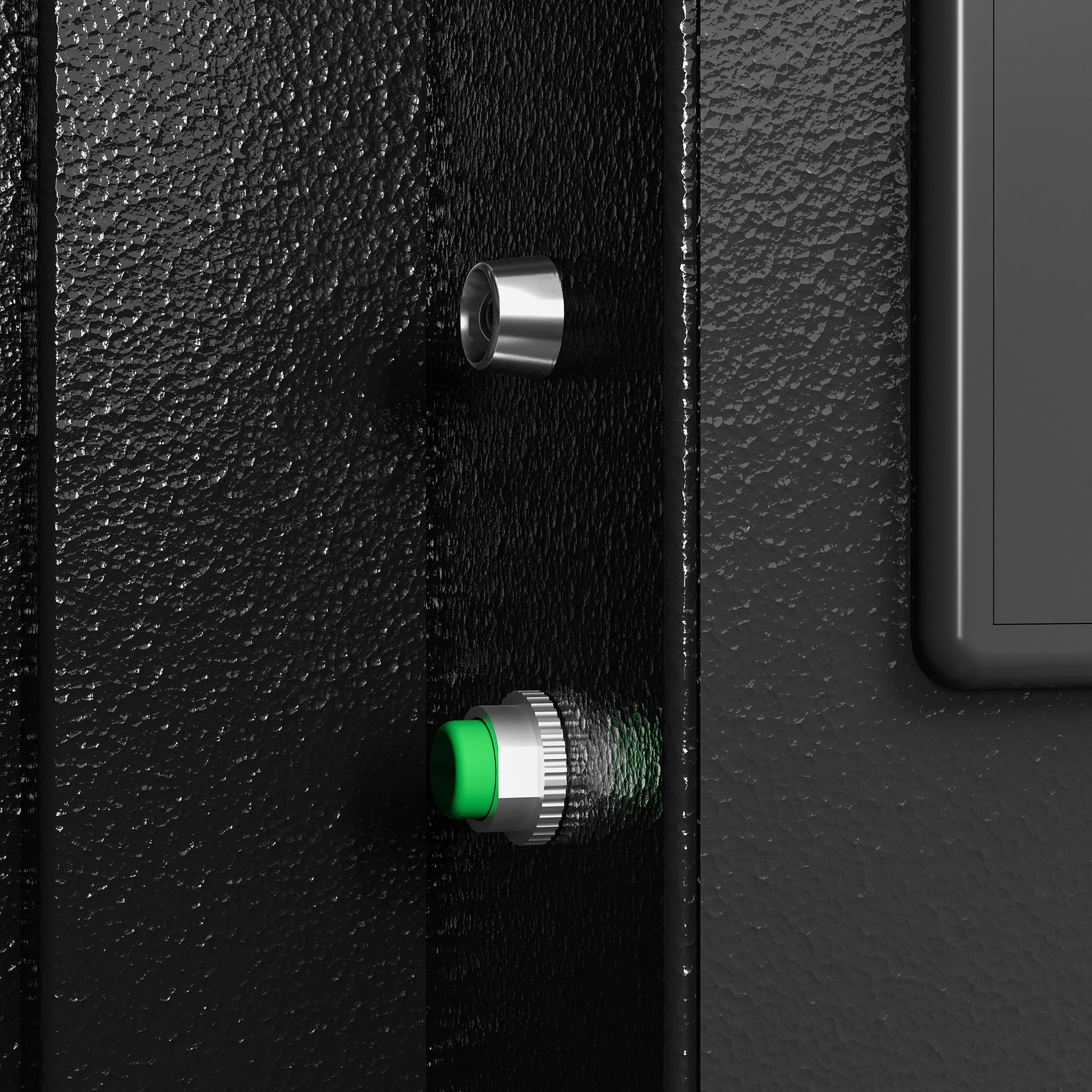 Close-up of the lock mechanism detail on a double door digital depository safe by Shopi Vella