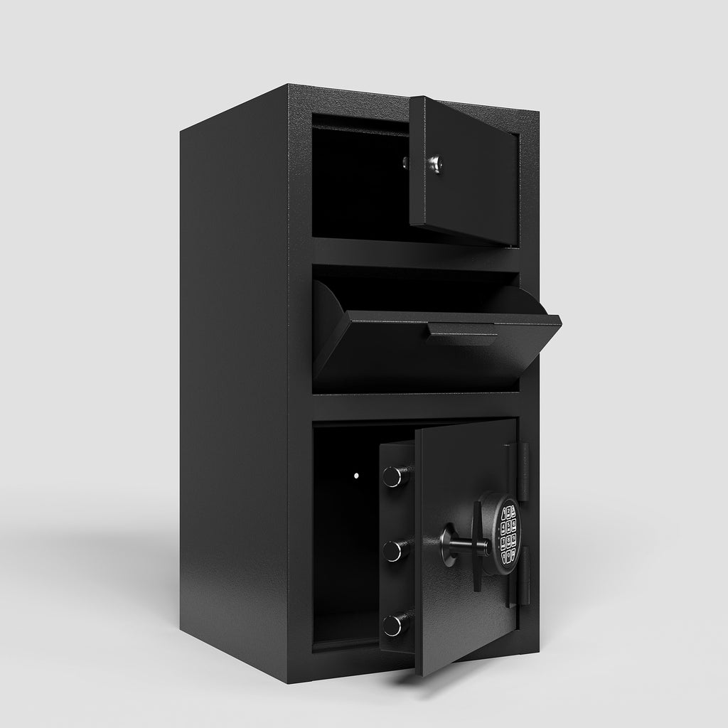Shopi Vella black double door digital depository safe with multiple compartments open