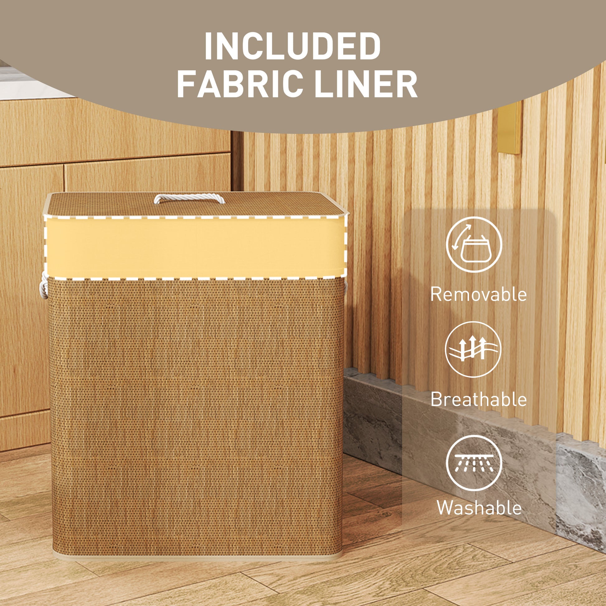Shopi Vella double laundry basket with lid featuring a removable, breathable, and washable fabric liner