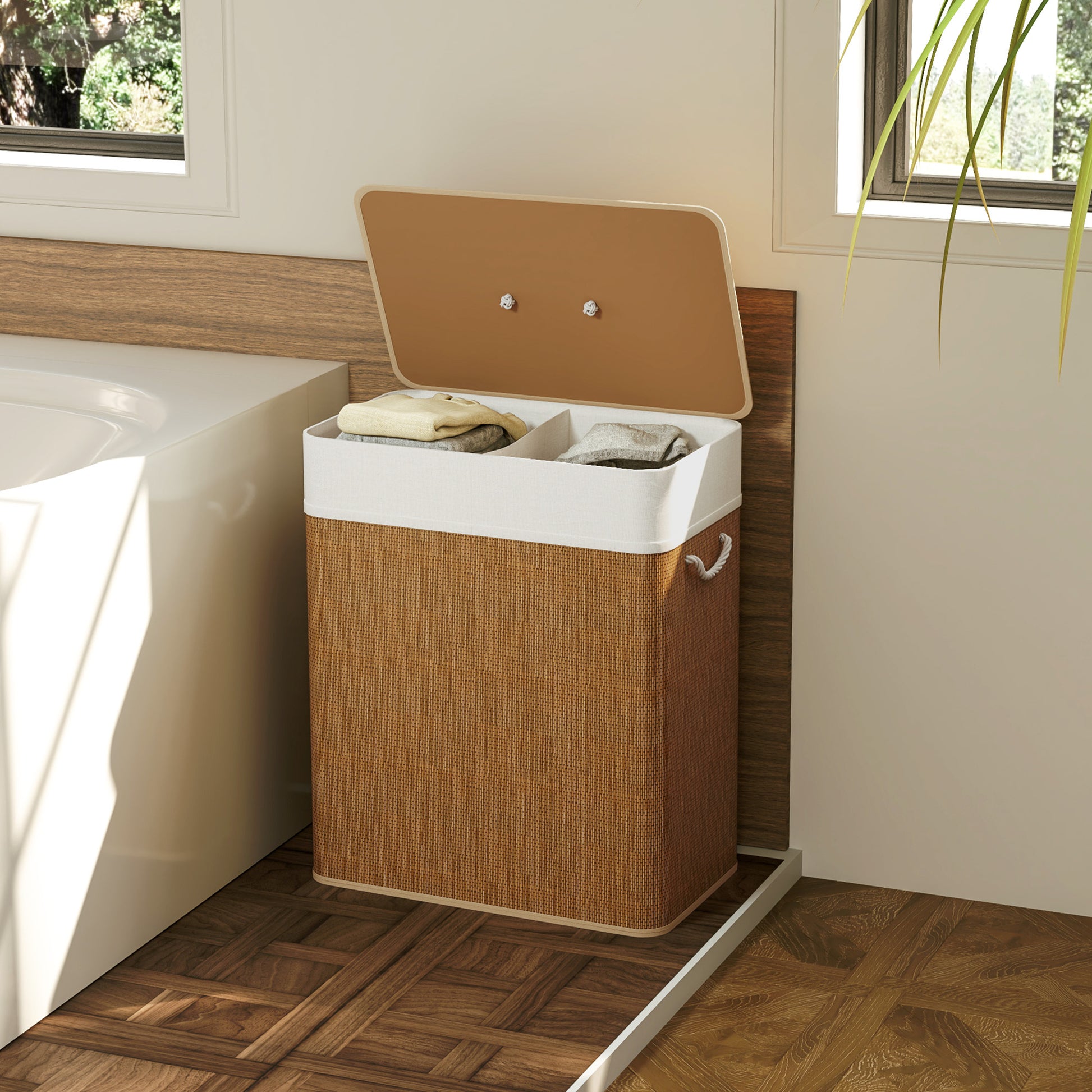 Shopi Vella double laundry basket with lid in brown and white with fabric handles for bathroom storage
