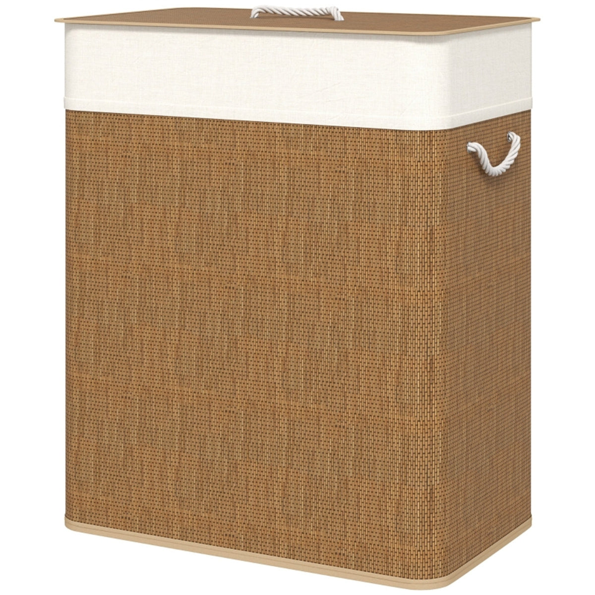 Shopi Vella double laundry basket with lid in brown woven design and white fabric trim