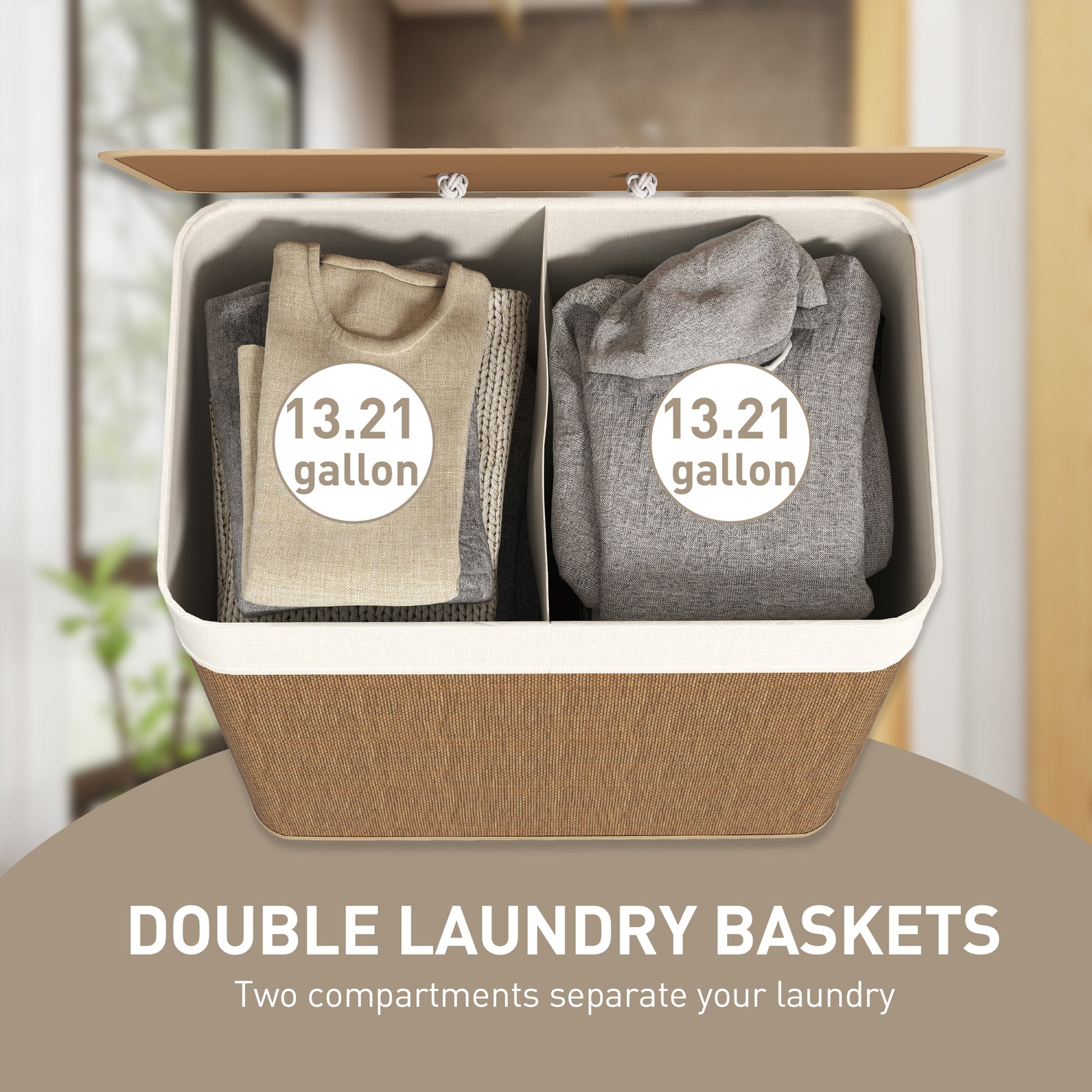 Shopi Vella double laundry basket with lid featuring two 13.21 gallon compartments for separate laundry storage