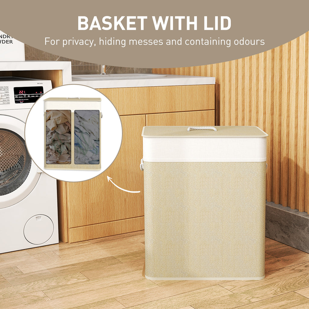 Shopi Vella double laundry hamper with lid in beige for privacy and odor control in laundry room