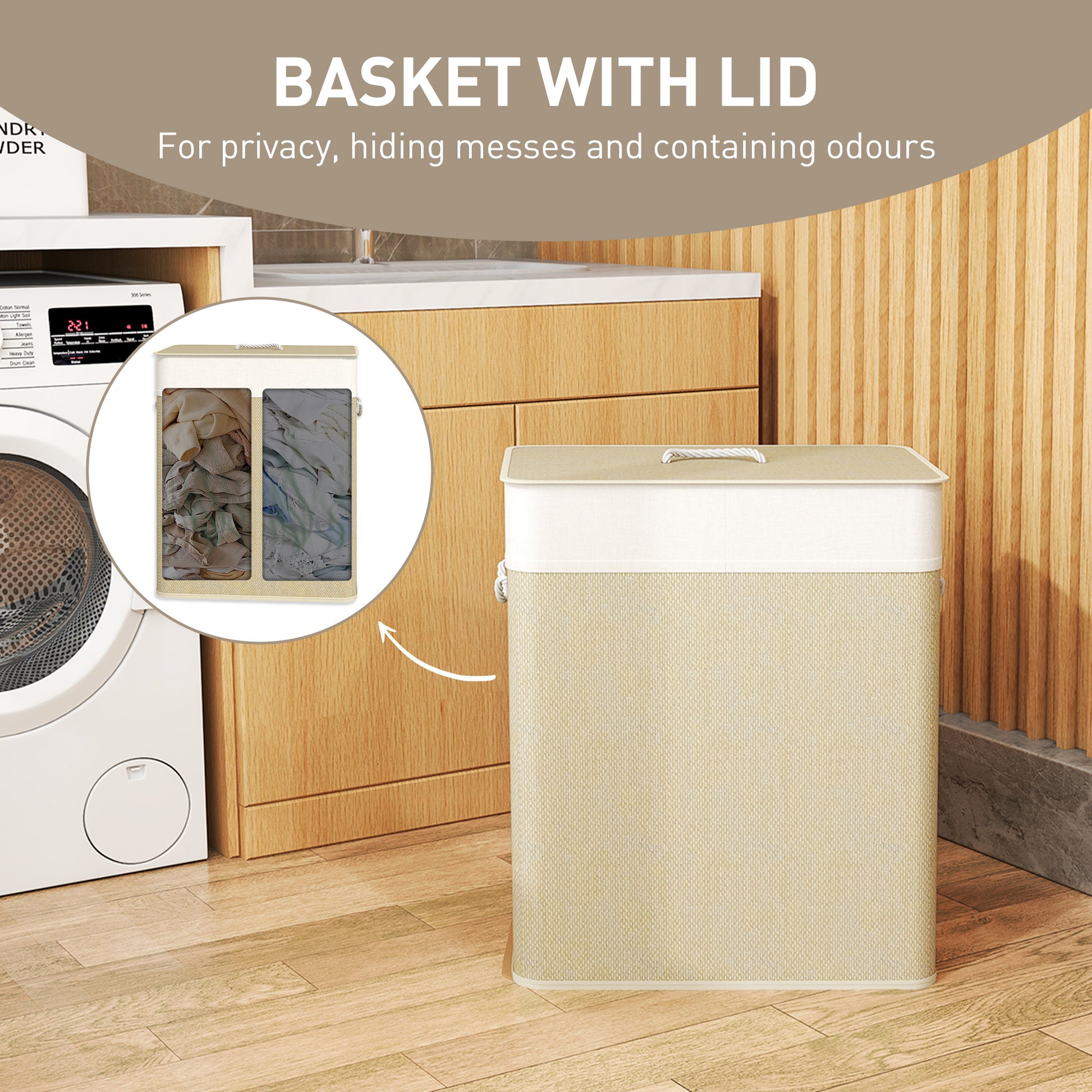 Shopi Vella double laundry hamper with lid in beige for privacy and odor control in laundry room
