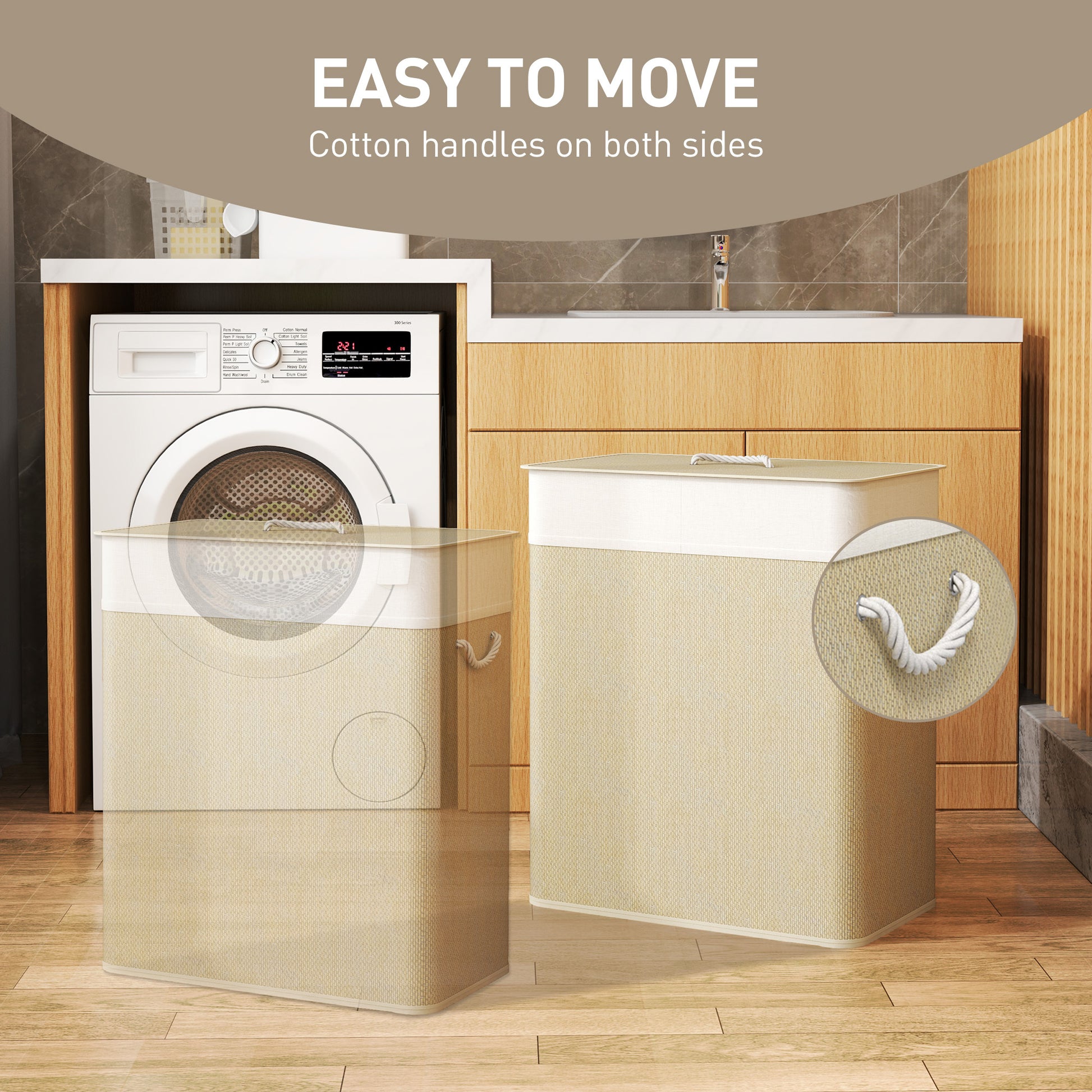 Shopi Vella double laundry hamper with lid featuring cotton handles on both sides for easy moving