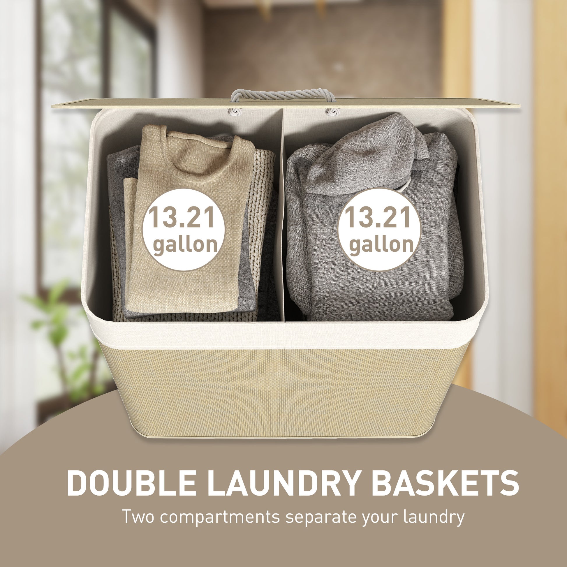 Shopi Vella double laundry hamper with lid and two compartments holding folded clothes