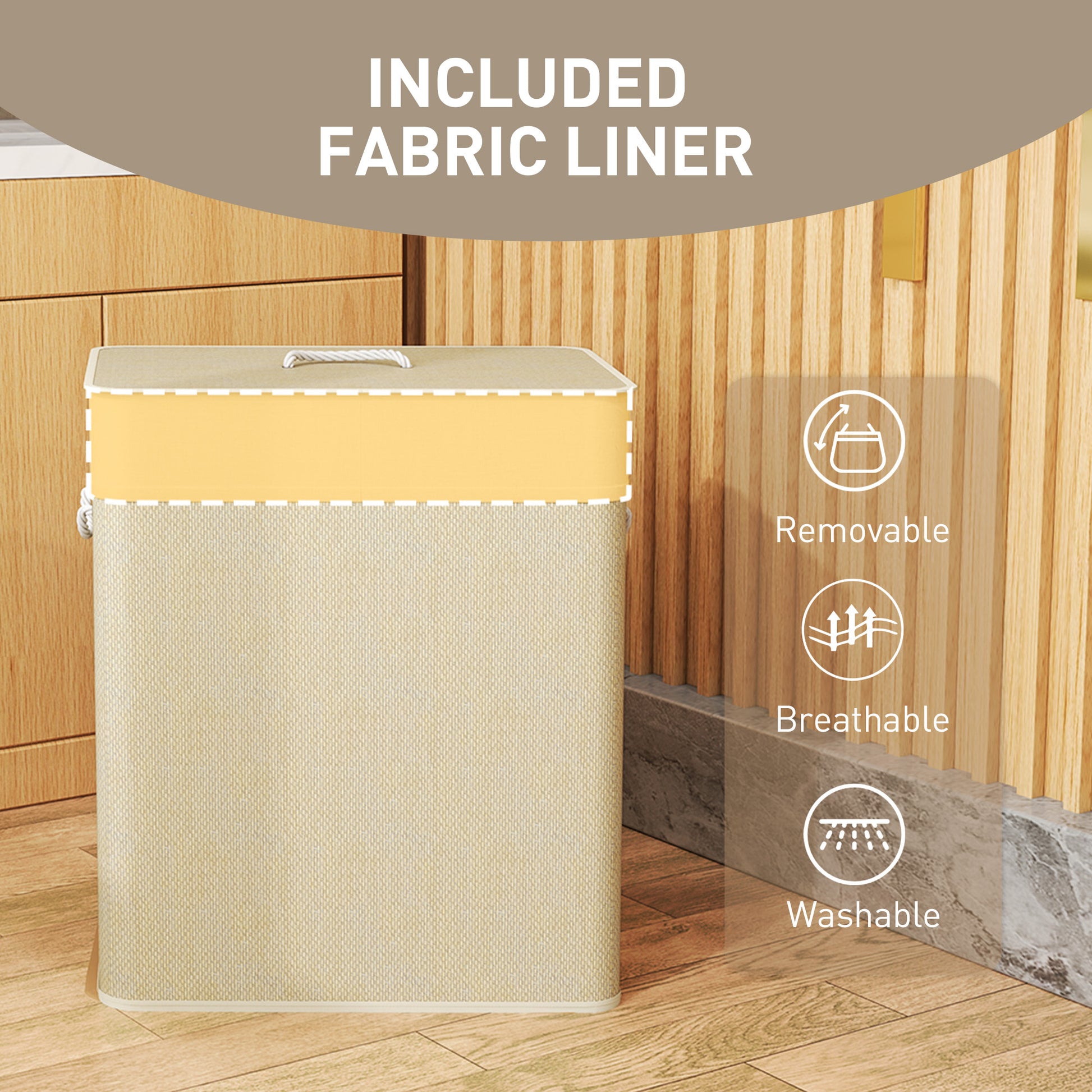 Shopi Vella double laundry hamper with lid featuring removable breathable washable fabric liner in beige color