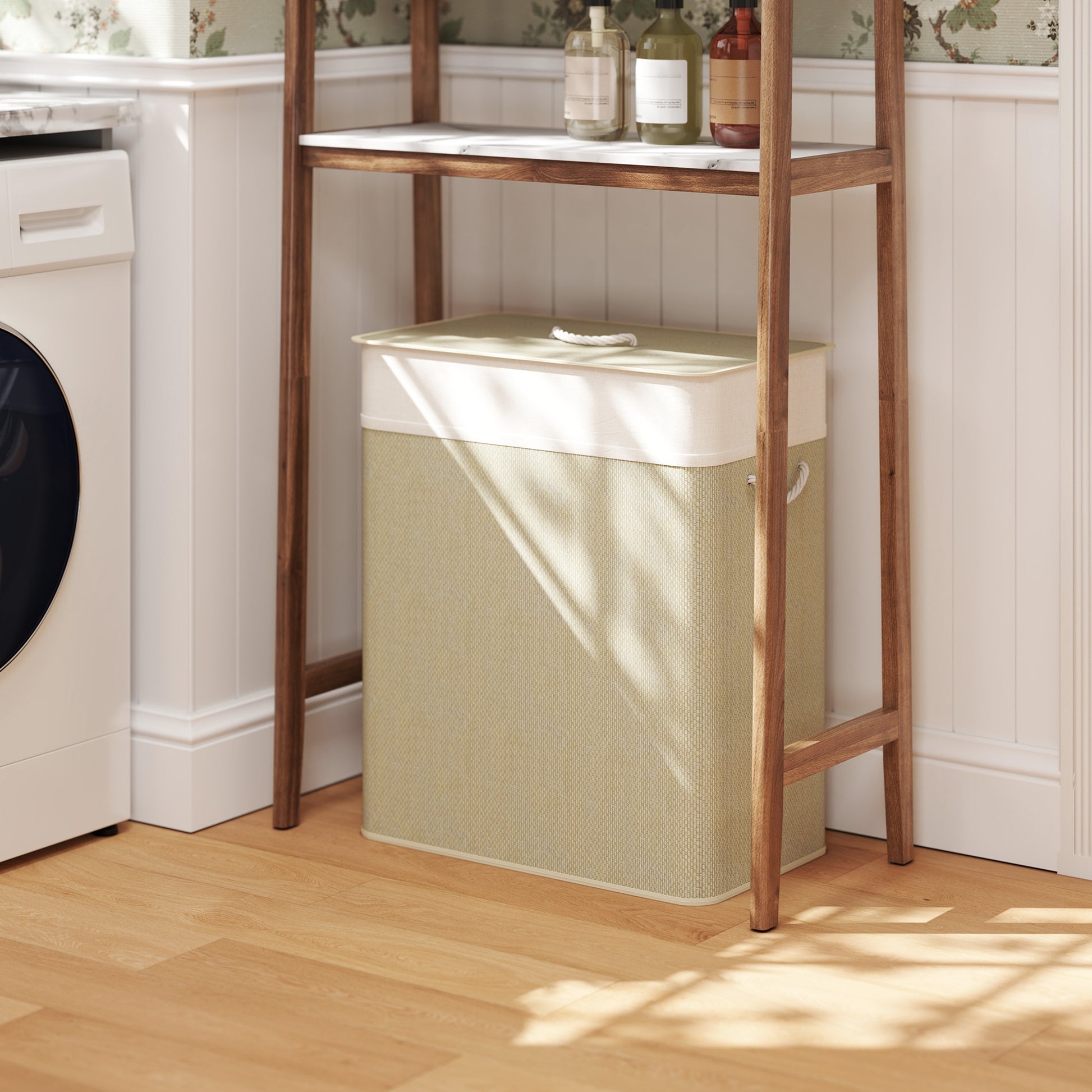 Shopi Vella double laundry hamper with lid in beige placed under wooden shelf in laundry room