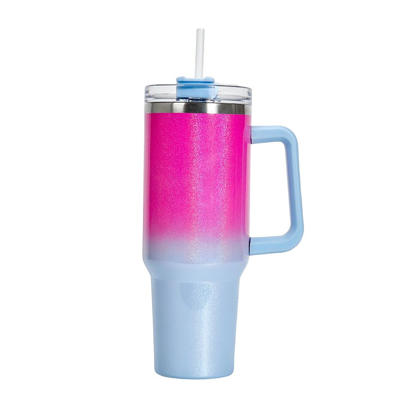 Shopi Vella double-layer stainless steel cup in pink and blue with handle and straw lid