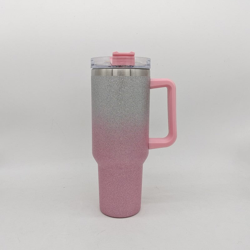 Shopi Vella double-layer stainless steel cup with pink handle and glittery silver to pink gradient finish