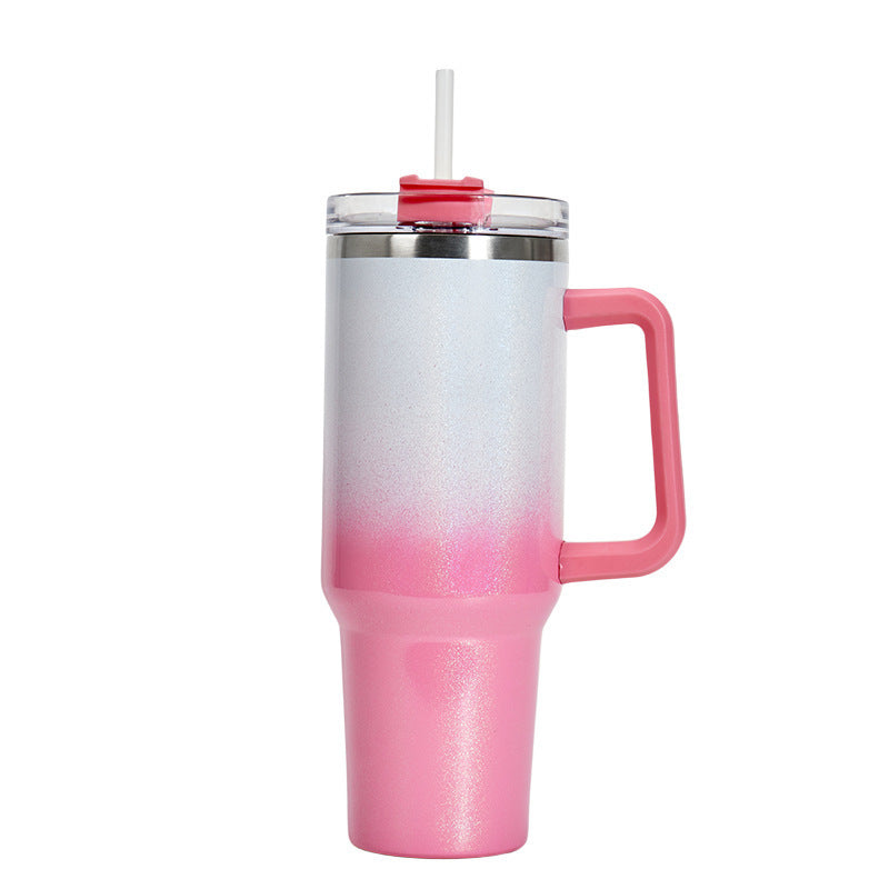 Shopi Vella double-layer stainless steel cup in pink and white with handle and clear lid with straw