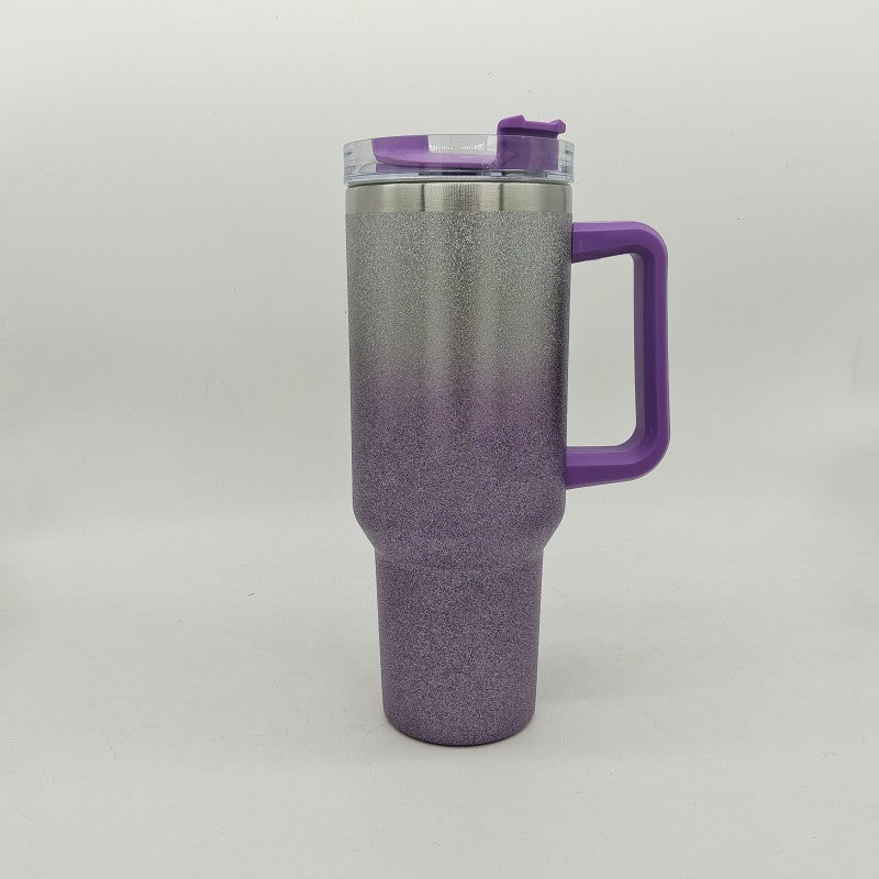 Purple gradient double-layer stainless steel cup with handle and clear lid by Shopi Vella