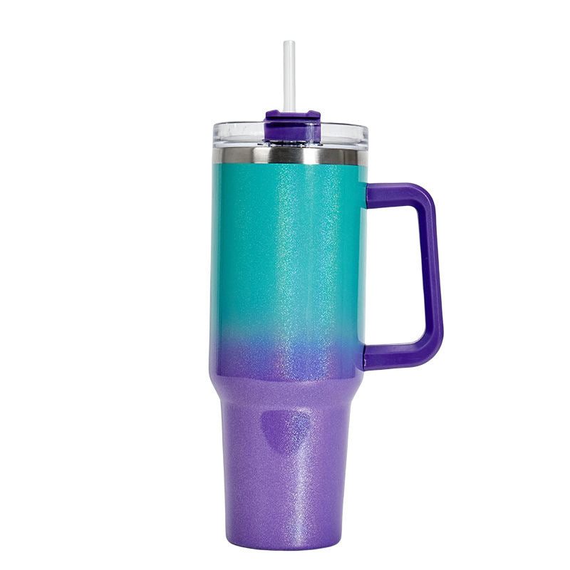 Shopi Vella double-layer stainless steel cup in purple and teal with handle and clear lid straw