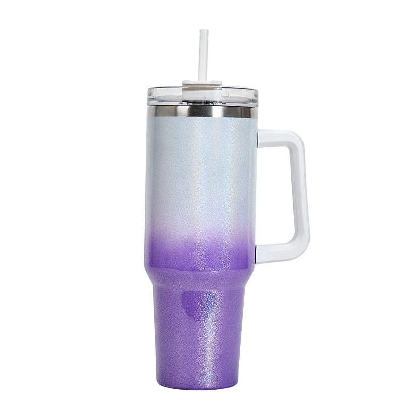 Shopi Vella double-layer stainless steel cup with handle in gradient purple and white with clear lid and straw