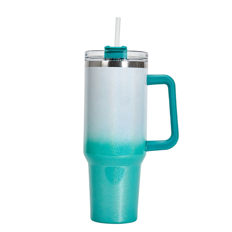 Shopi Vella double-layer stainless steel cup with teal handle and lid with straw