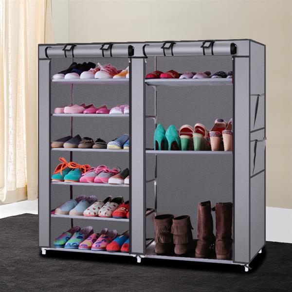 Shopi Vella double row shoe cabinet with grey fabric cover and multiple shelves storing various colorful shoes