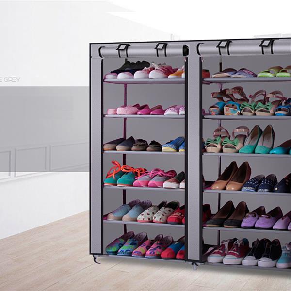 Shopi Vella double row shoe cabinet with multiple shelves holding various pairs of shoes in a modern room