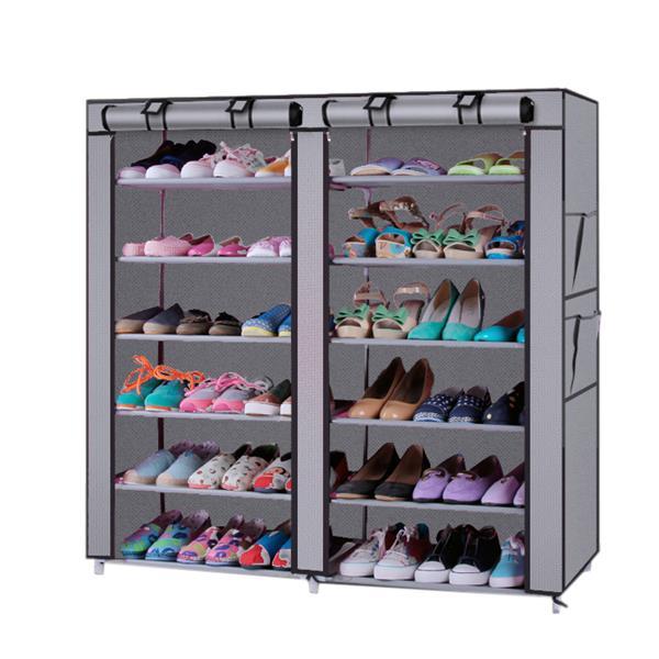 Shopi Vella double row shoe cabinet with gray fabric cover and multiple shelves storing various shoes
