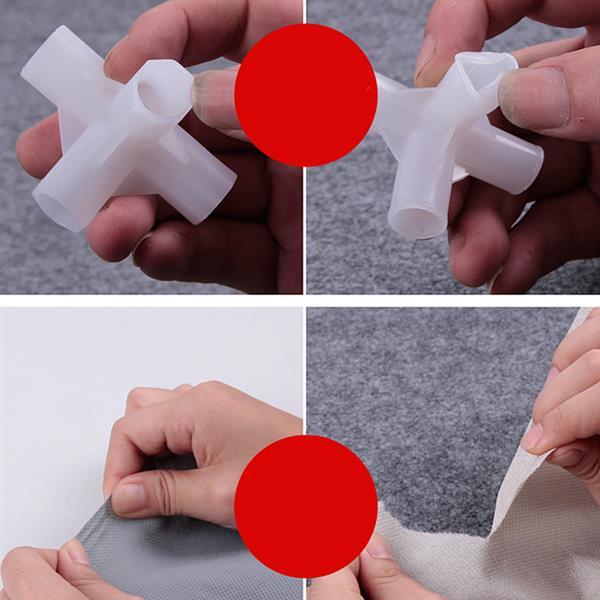 Hands assembling white plastic connectors and fabric material for Shopi Vella double row shoe cabinet