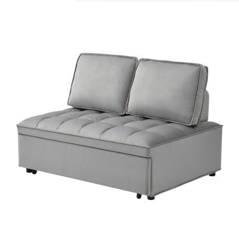 Gray double seat sofa bed with detachable backs featuring tufted seating and compact design