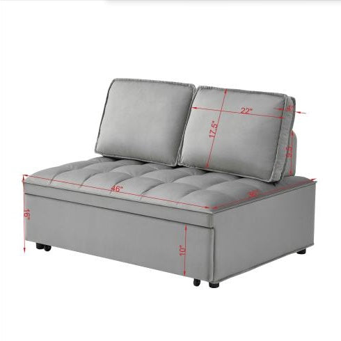 Gray double seat sofa bed with detachable backs showing detailed measurements from My Store